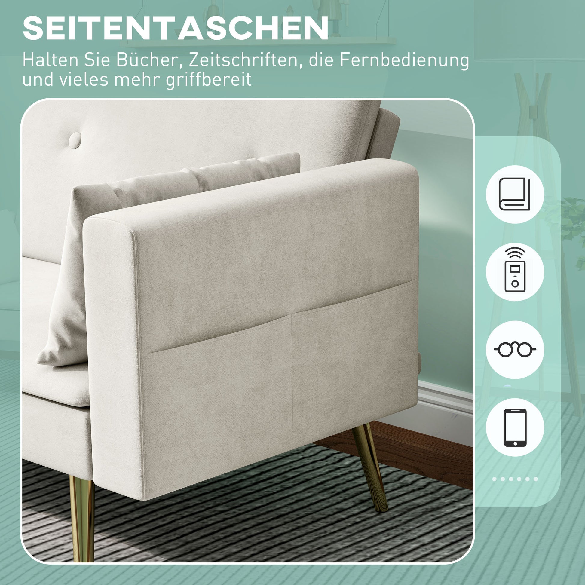 Sleeper Sofa, Sofa Bed with Adjustable Backrest, Side Pocket, Upholstered 2-Seater Sofa with Sleeper Function, Pillows, for Living Room, Bedroom, Beige