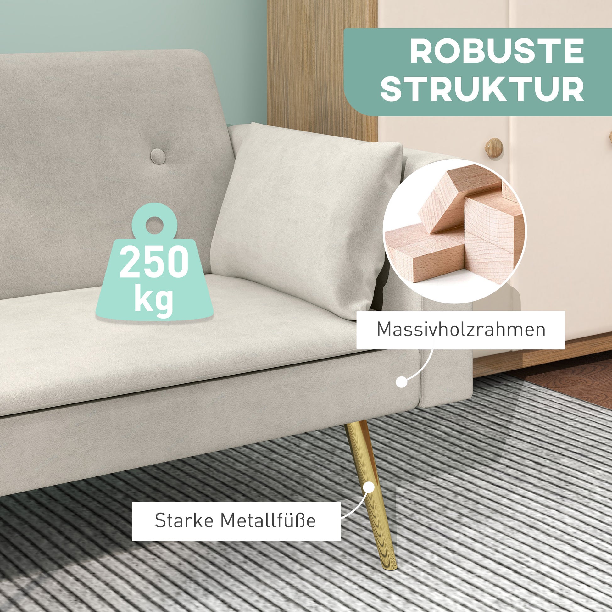 Sleeper Sofa, Sofa Bed with Adjustable Backrest, Side Pocket, Upholstered 2-Seater Sofa with Sleeper Function, Pillows, for Living Room, Bedroom, Beige