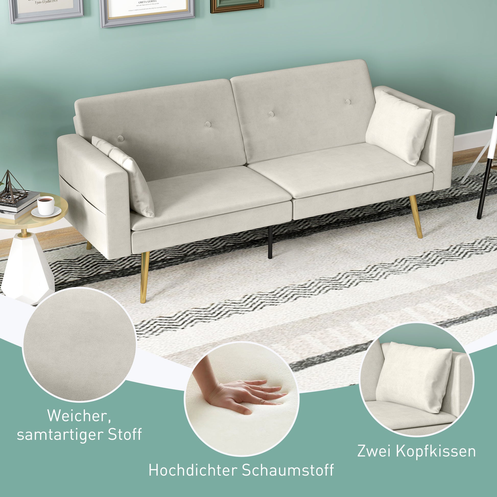 Sleeper Sofa, Sofa Bed with Adjustable Backrest, Side Pocket, Upholstered 2-Seater Sofa with Sleeper Function, Pillows, for Living Room, Bedroom, Beige