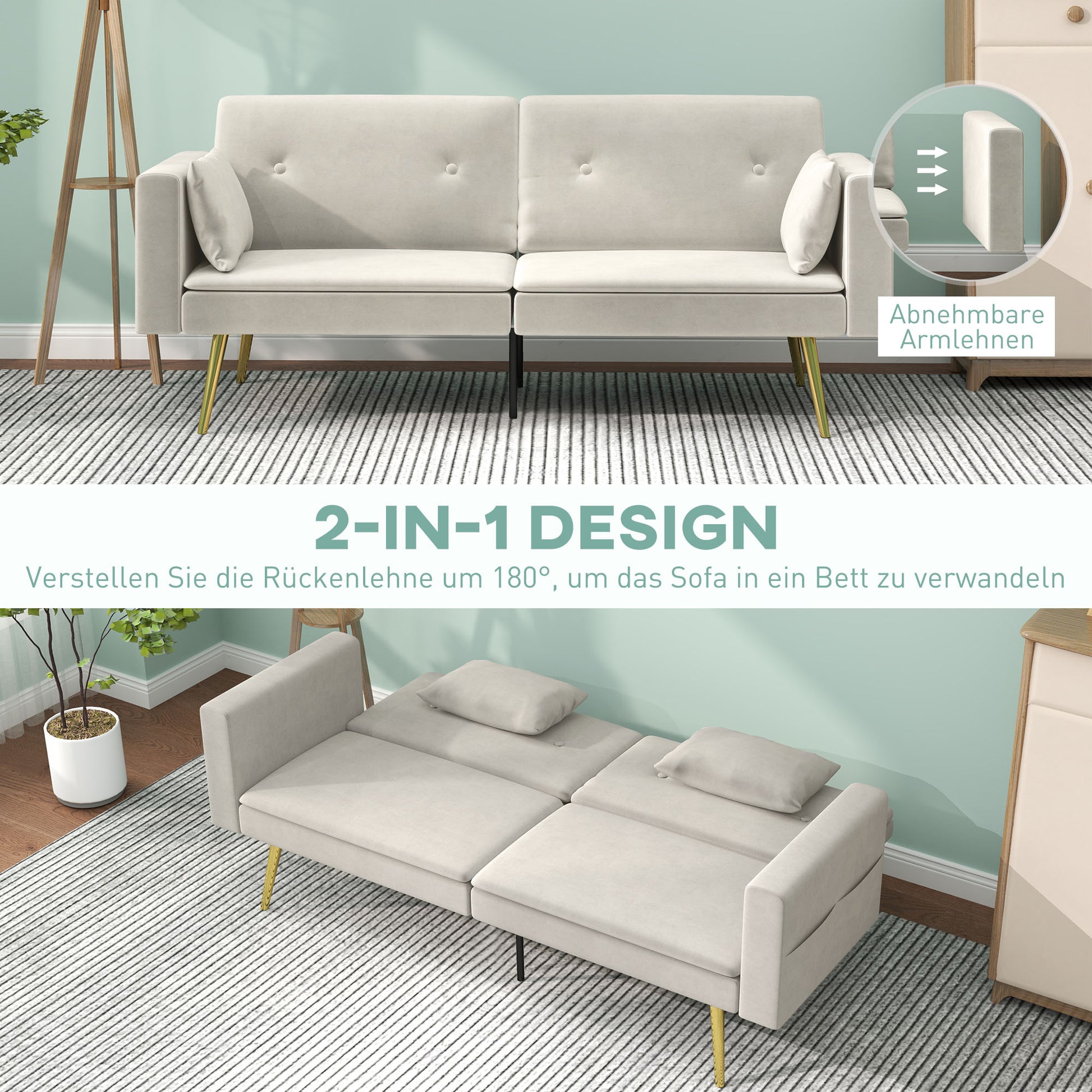 Sleeper Sofa, Sofa Bed with Adjustable Backrest, Side Pocket, Upholstered 2-Seater Sofa with Sleeper Function, Pillows, for Living Room, Bedroom, Beige