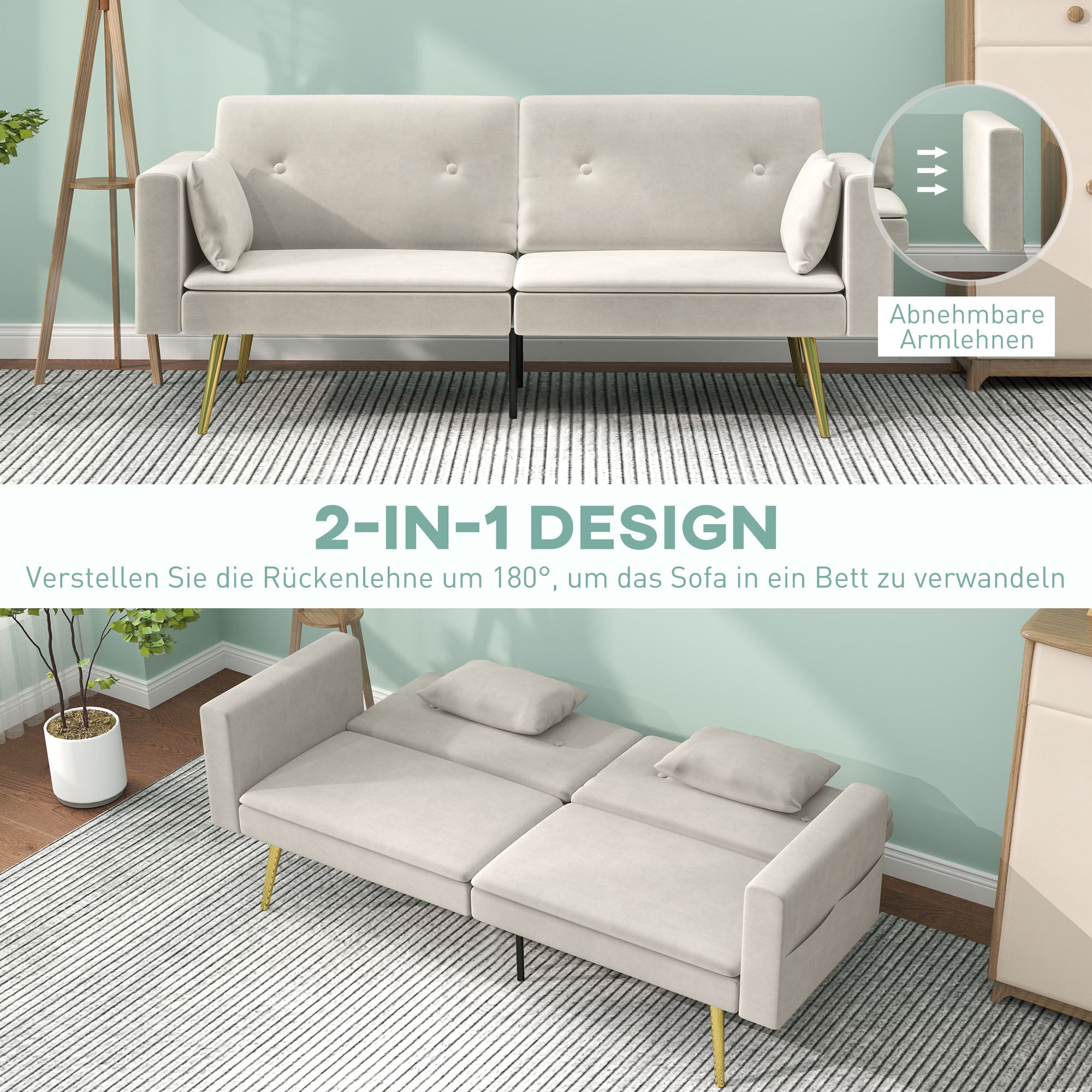 Sleeper Sofa, Sofa Bed with Adjustable Backrest, Side Pocket, Upholstered 2-Seater Sofa with Sleeper Function, Pillows, for Living Room, Bedroom, Beige