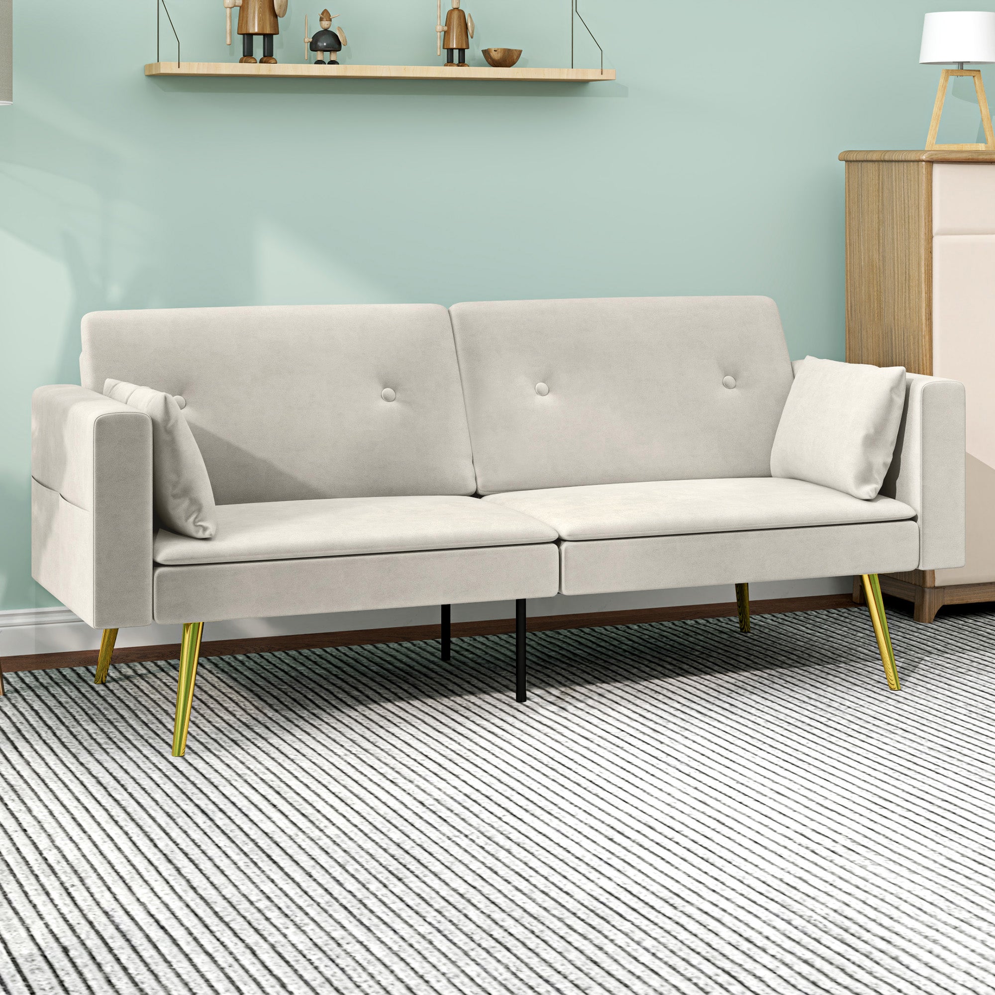 Sleeper Sofa, Sofa Bed with Adjustable Backrest, Side Pocket, Upholstered 2-Seater Sofa with Sleeper Function, Pillows, for Living Room, Bedroom, Beige