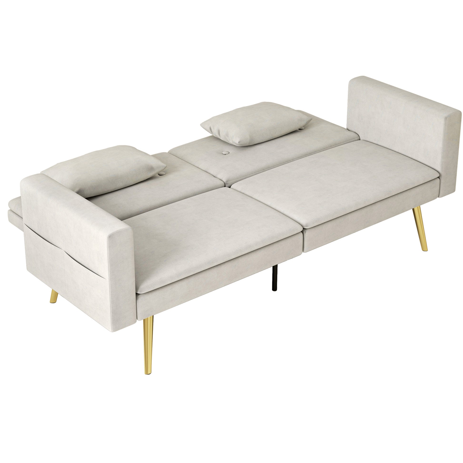 Sleeper Sofa, Sofa Bed with Adjustable Backrest, Side Pocket, Upholstered 2-Seater Sofa with Sleeper Function, Pillows, for Living Room, Bedroom, Beige