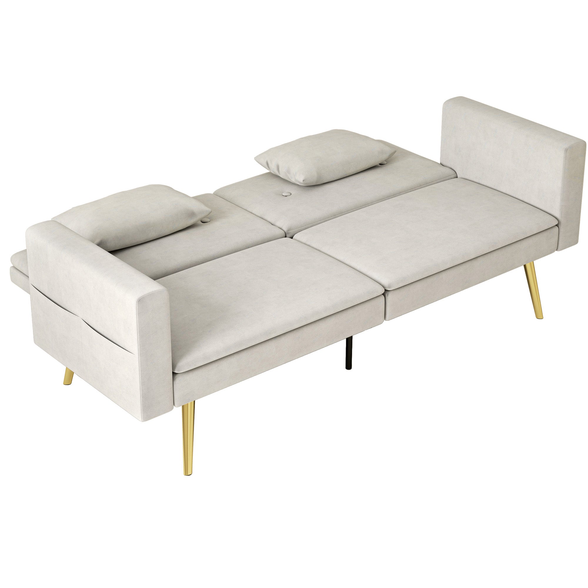 Sleeper Sofa, Sofa Bed with Adjustable Backrest, Side Pocket, Upholstered 2-Seater Sofa with Sleeper Function, Pillows, for Living Room, Bedroom, Beige