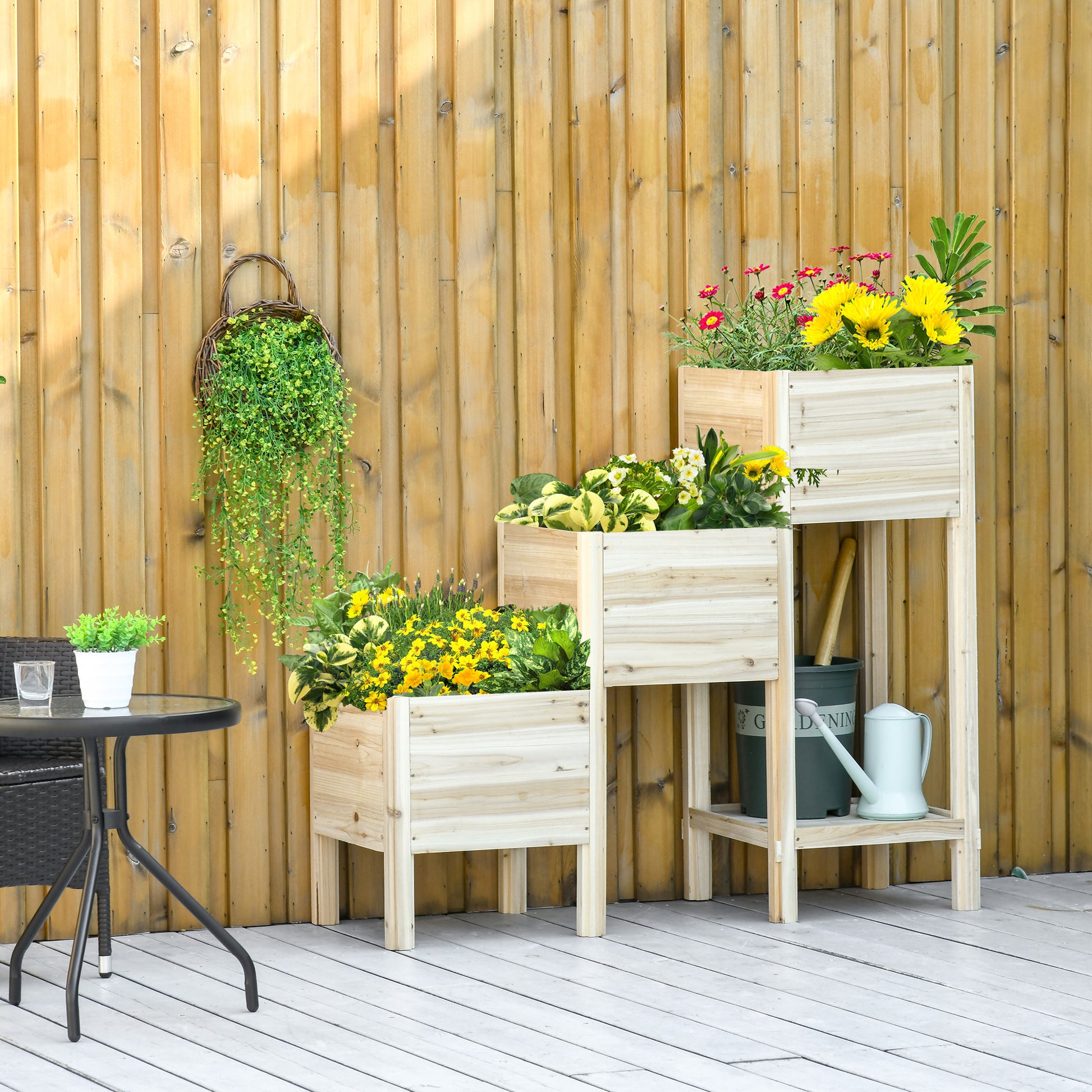Raised Garden Bed 3 Tiers Plant Stand Planter Box made of Wood for Garden Balcony Natural 125 x 45 x 108 cm