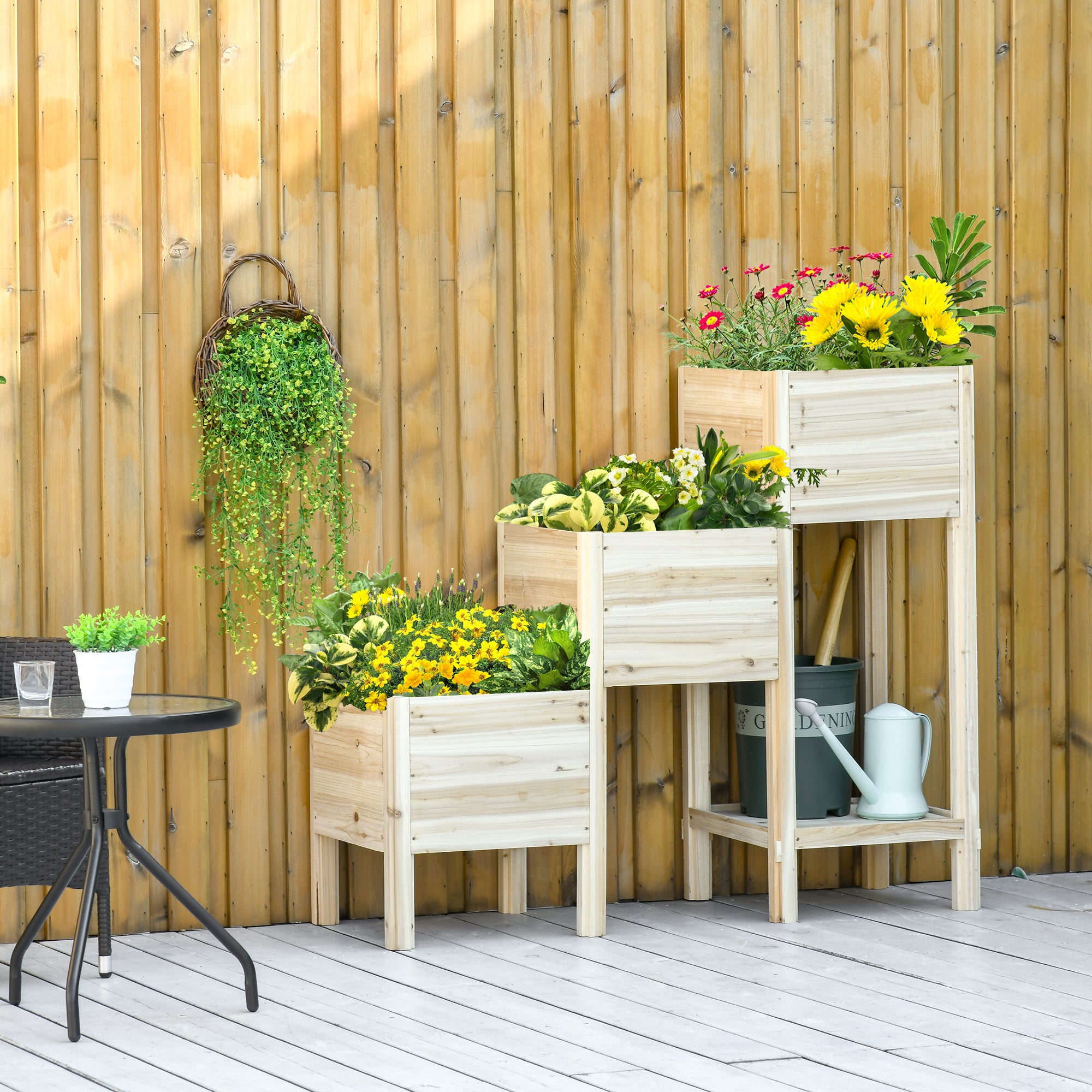 Raised Garden Bed 3 Tiers Plant Stand Planter Box made of Wood for Garden Balcony Natural 125 x 45 x 108 cm