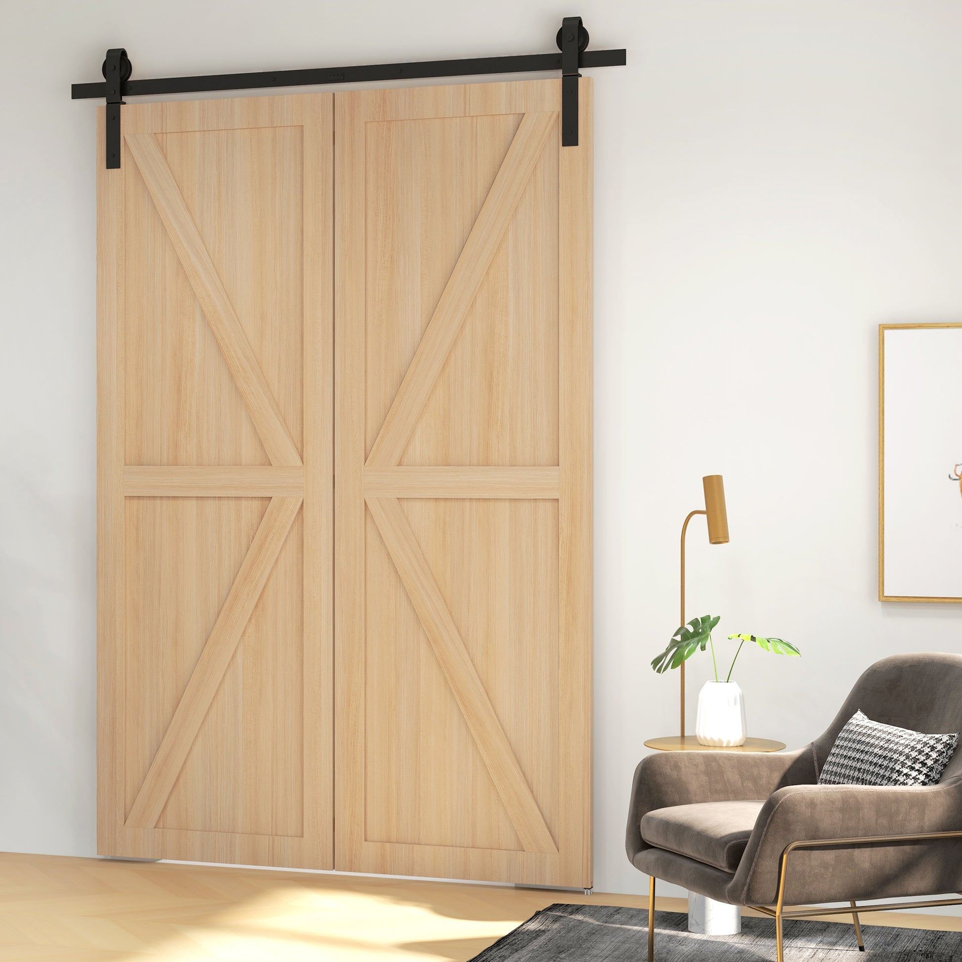 152.5CM Sliding Barn Door Hardware Folding Closet Door Track Kit Steel Foldable Barn Door System for 2 Doors with J-Shaped Hanger - Black