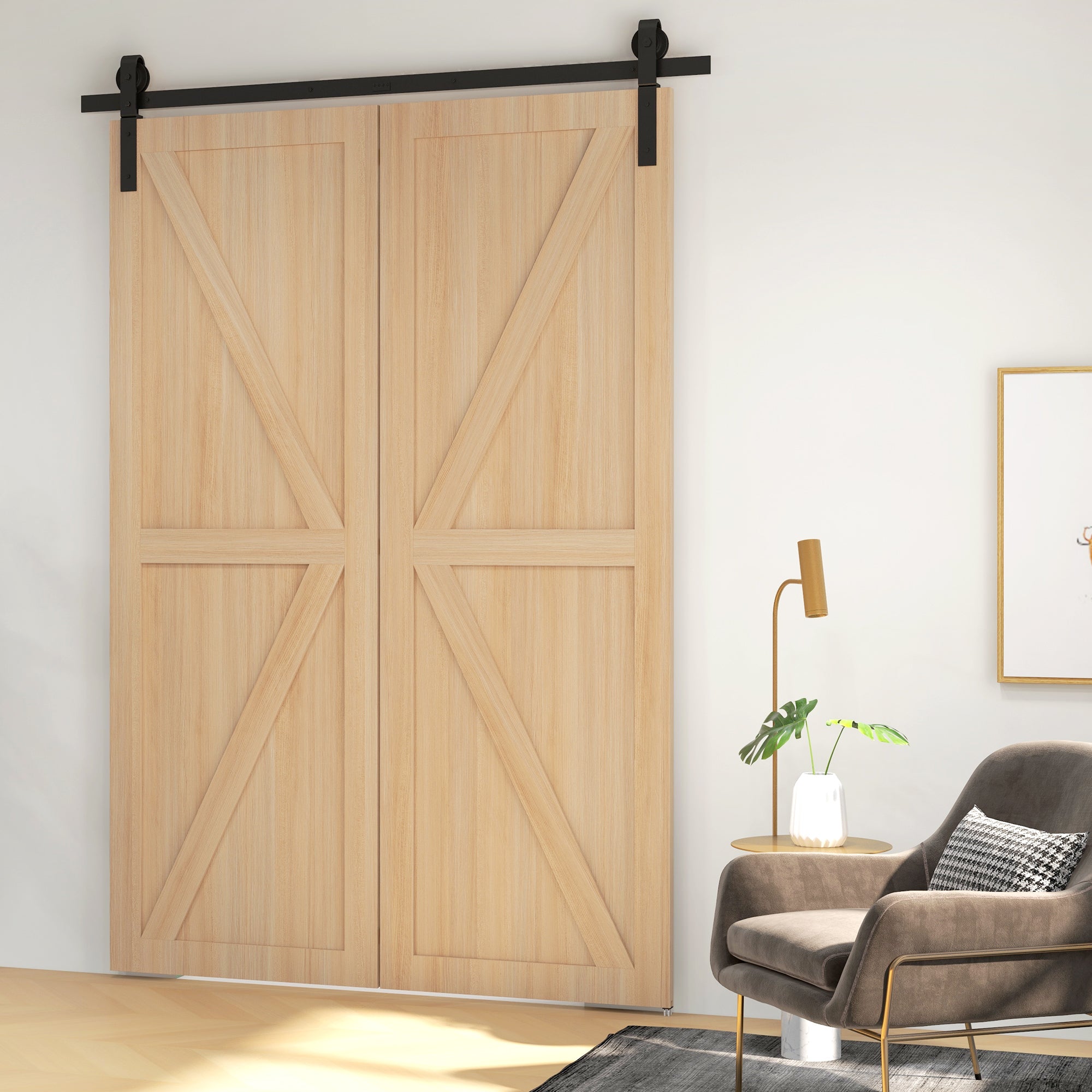 152.5CM Sliding Barn Door Hardware Folding Closet Door Track Kit Steel Foldable Barn Door System for 2 Doors with J-Shaped Hanger - Black