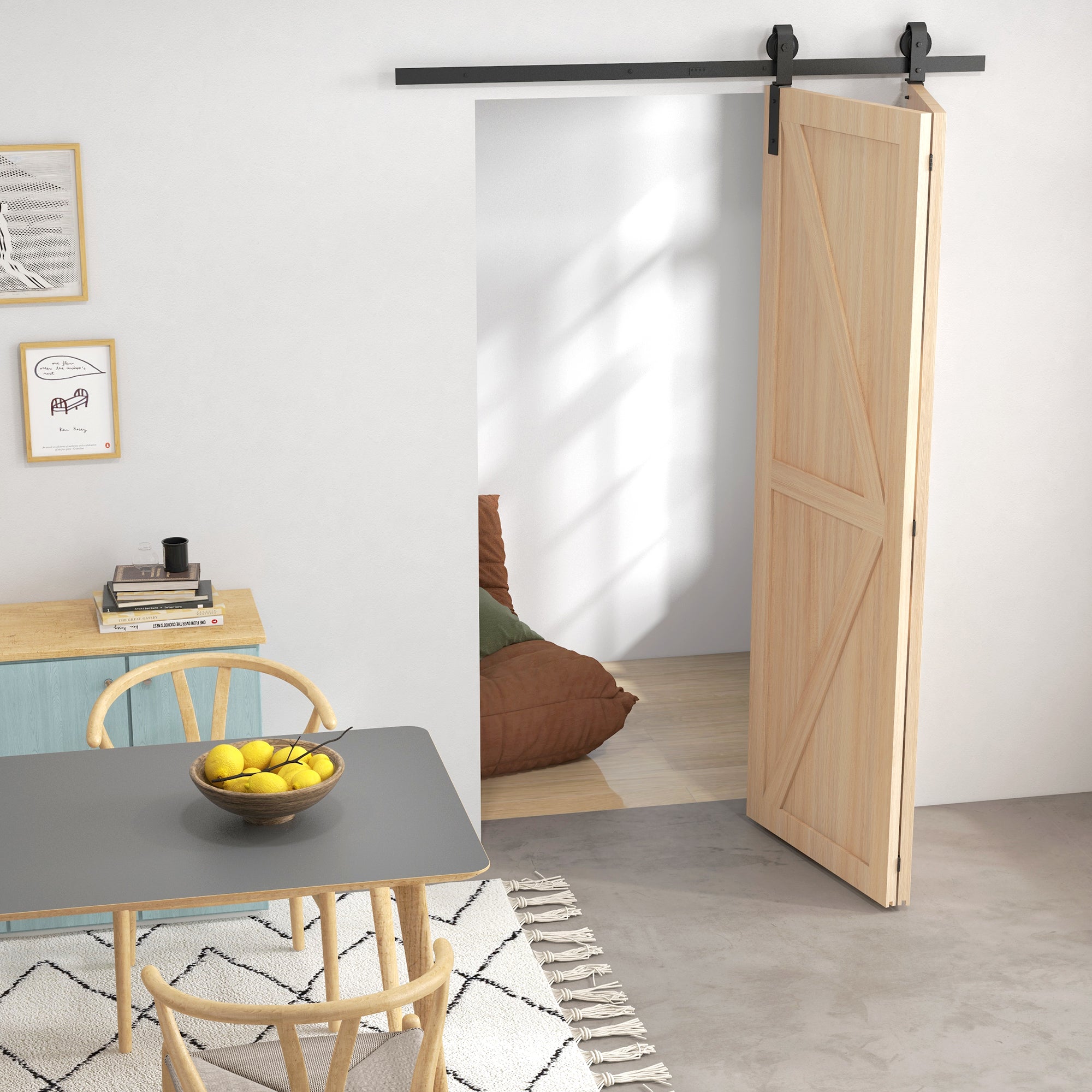 152.5CM Sliding Barn Door Hardware Folding Closet Door Track Kit Steel Foldable Barn Door System for 2 Doors with J-Shaped Hanger - Black
