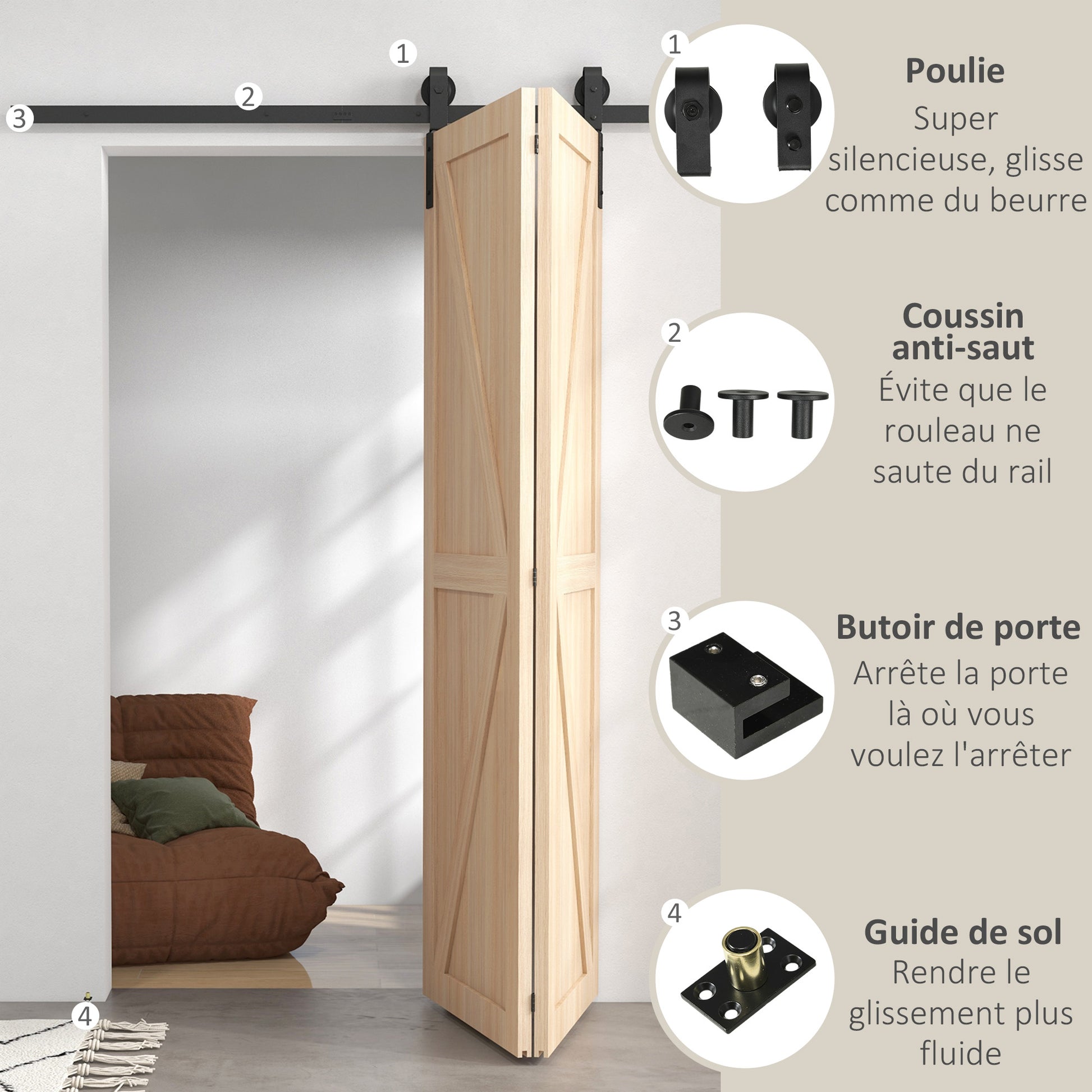 152.5CM Sliding Barn Door Hardware Folding Closet Door Track Kit Steel Foldable Barn Door System for 2 Doors with J-Shaped Hanger - Black