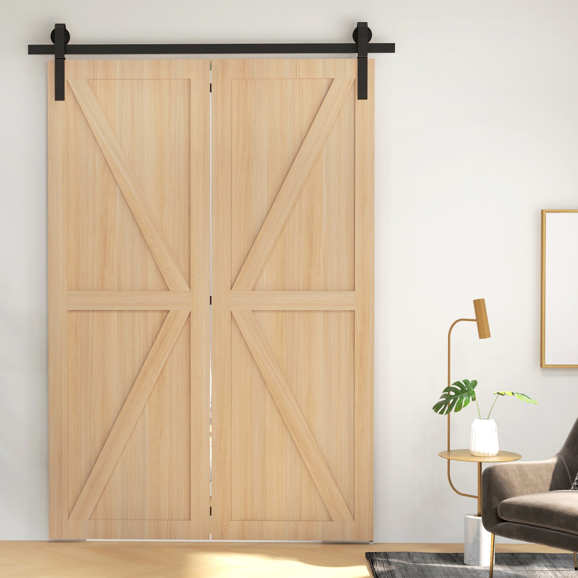 152.5CM Sliding Barn Door Hardware Folding Closet Door Track Kit Steel Foldable Barn Door System for 2 Doors with J-Shaped Hanger - Black