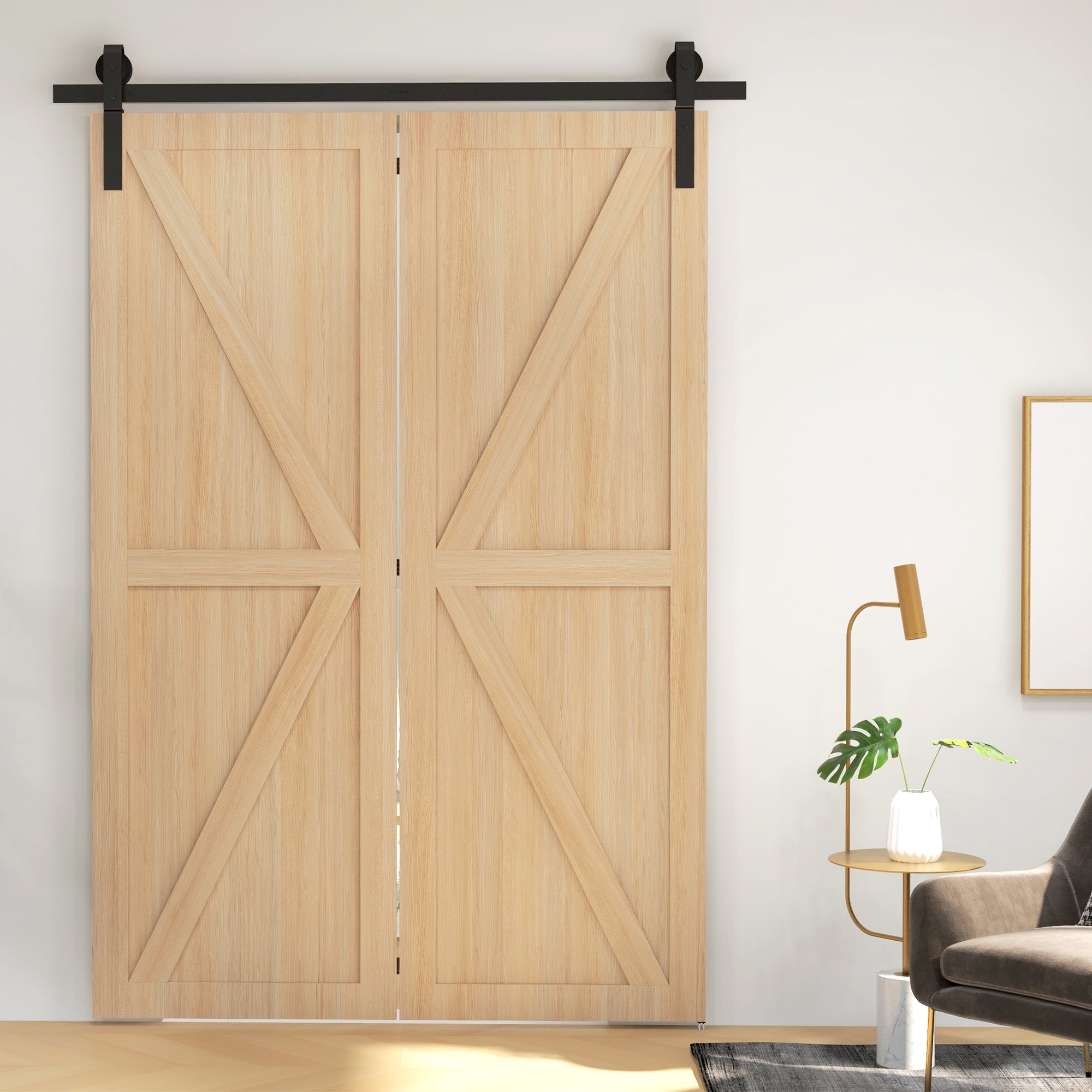 152.5CM Sliding Barn Door Hardware Folding Closet Door Track Kit Steel Foldable Barn Door System for 2 Doors with J-Shaped Hanger - Black