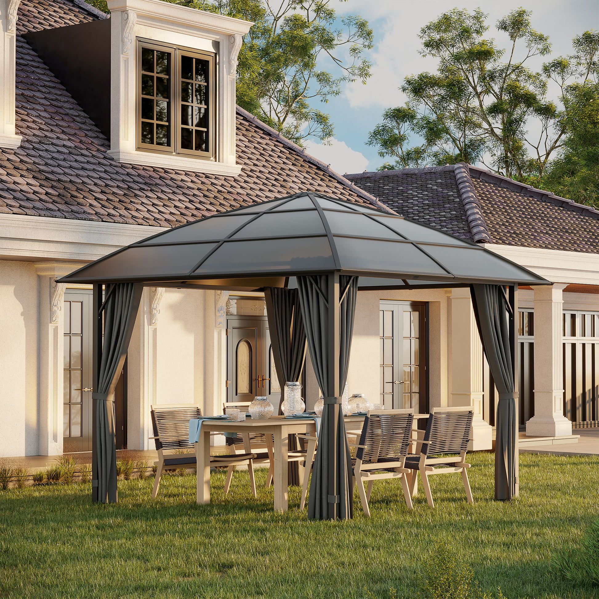 Garden Gazebo Garden Pavilion 3 x 3 m Aluminum Structure Polycarbonate Roof Waterproof UV 60+ with Dark Grey Side Walls