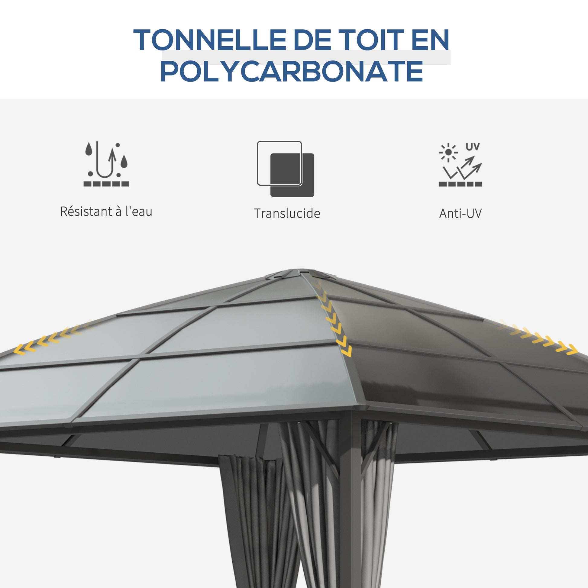 Garden Gazebo Garden Pavilion 3 x 3 m Aluminum Structure Polycarbonate Roof Waterproof UV 60+ with Dark Grey Side Walls