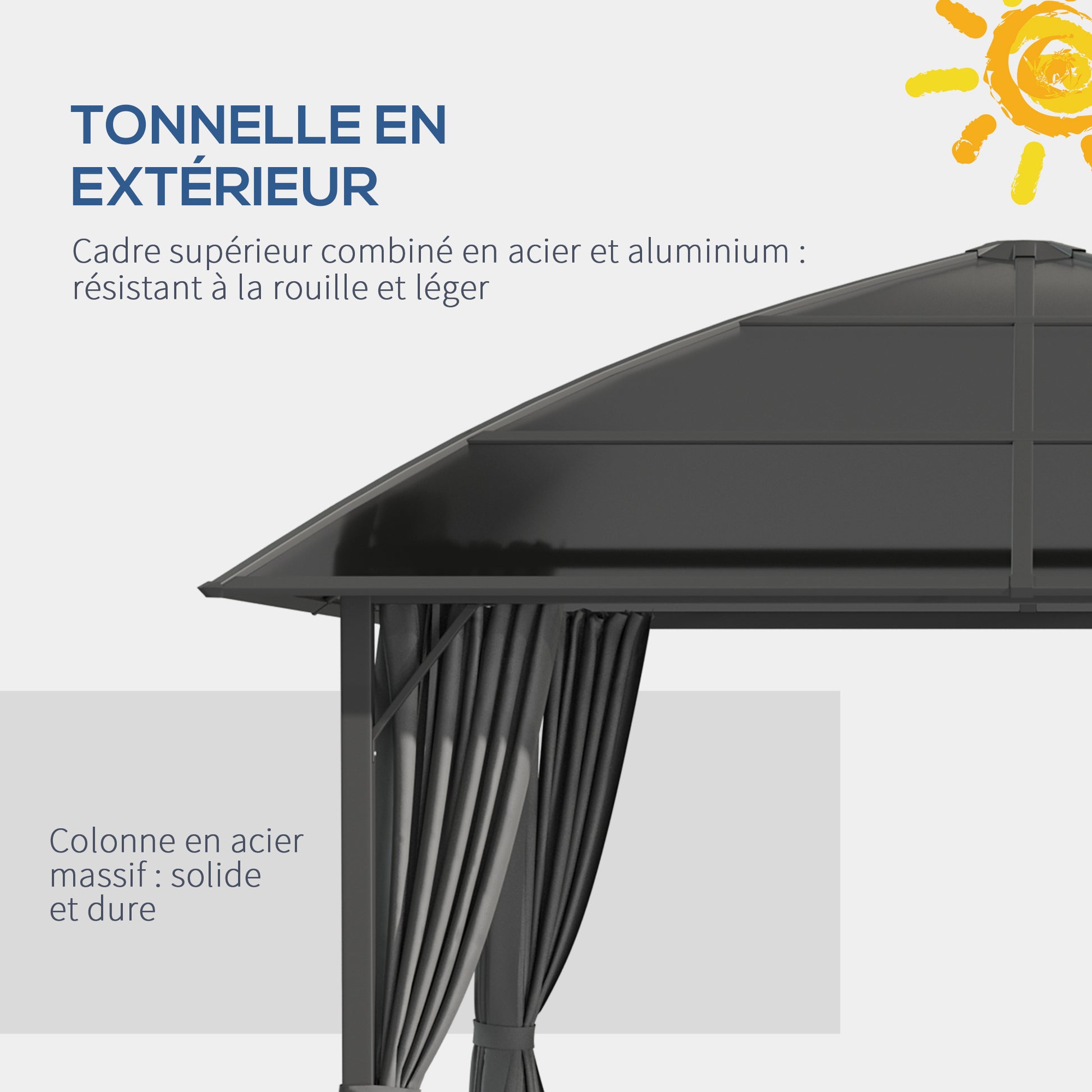 Garden Gazebo Garden Pavilion 3 x 3 m Aluminum Structure Polycarbonate Roof Waterproof UV 60+ with Dark Grey Side Walls