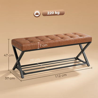 Shoe Bench with Padded Seat, Storage Shoe Rack, Industrial X-Frame Steel Bench, PU Leather, Up to 485 lb, 44.1 x 14.6 x 18.5 in (112 x 37 x 47 cm), Brown