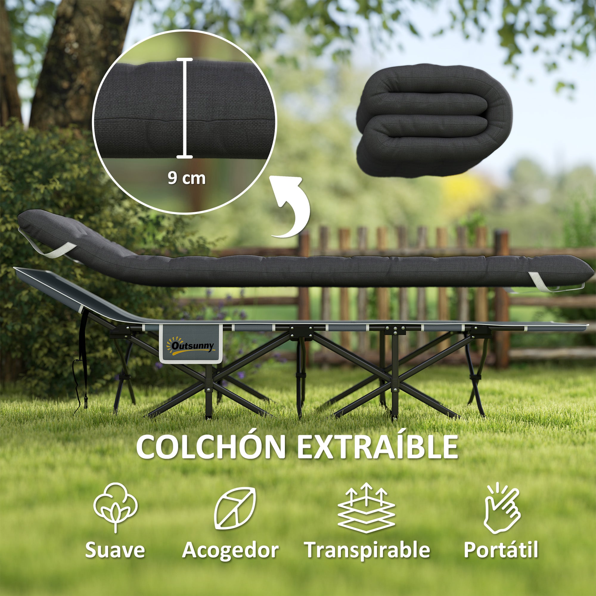 Folding Camping Bed Portable Camping Cot Lounger with Headrest Removable Mattress and Carrying Bag Load 150 kg for Beach Hiking 196x68x37 cm Black