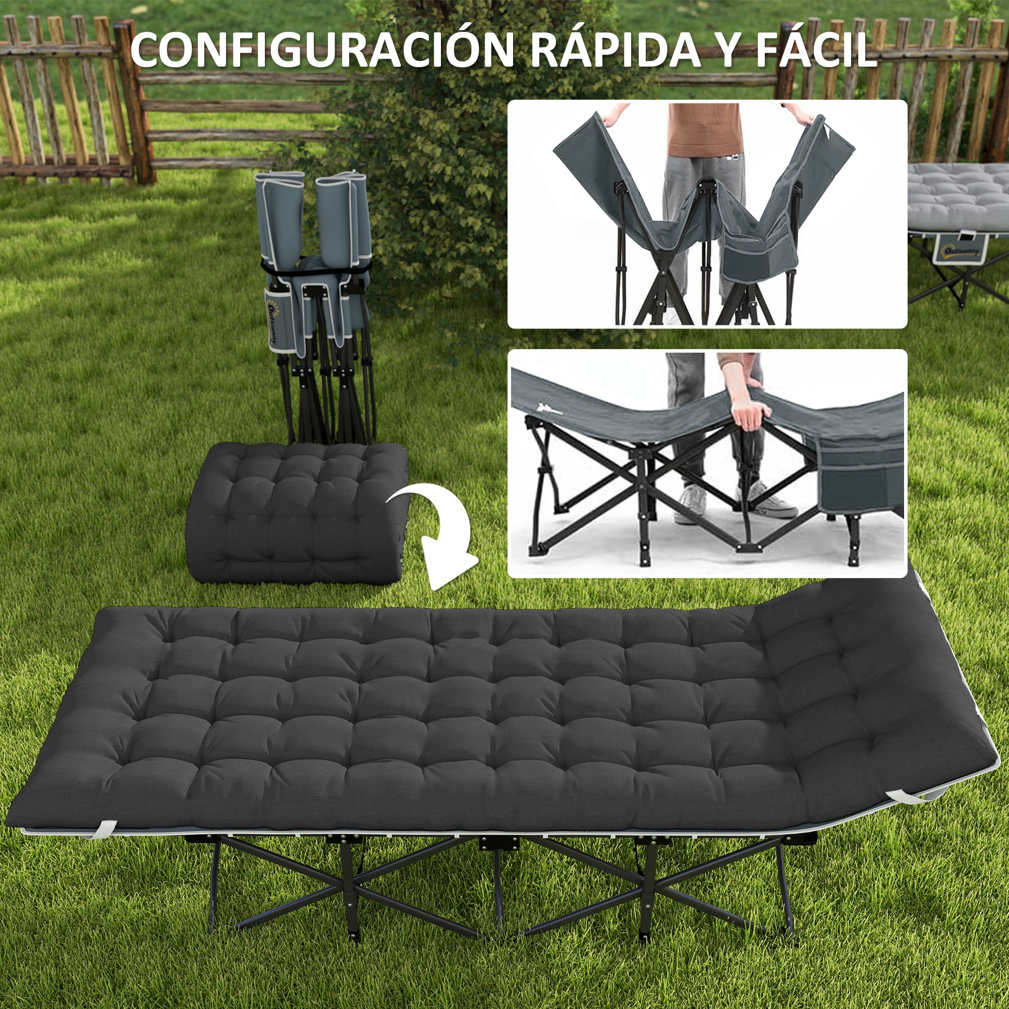 Folding Camping Bed Portable Camping Cot Lounger with Headrest Removable Mattress and Carrying Bag Load 150 kg for Beach Hiking 196x68x37 cm Black