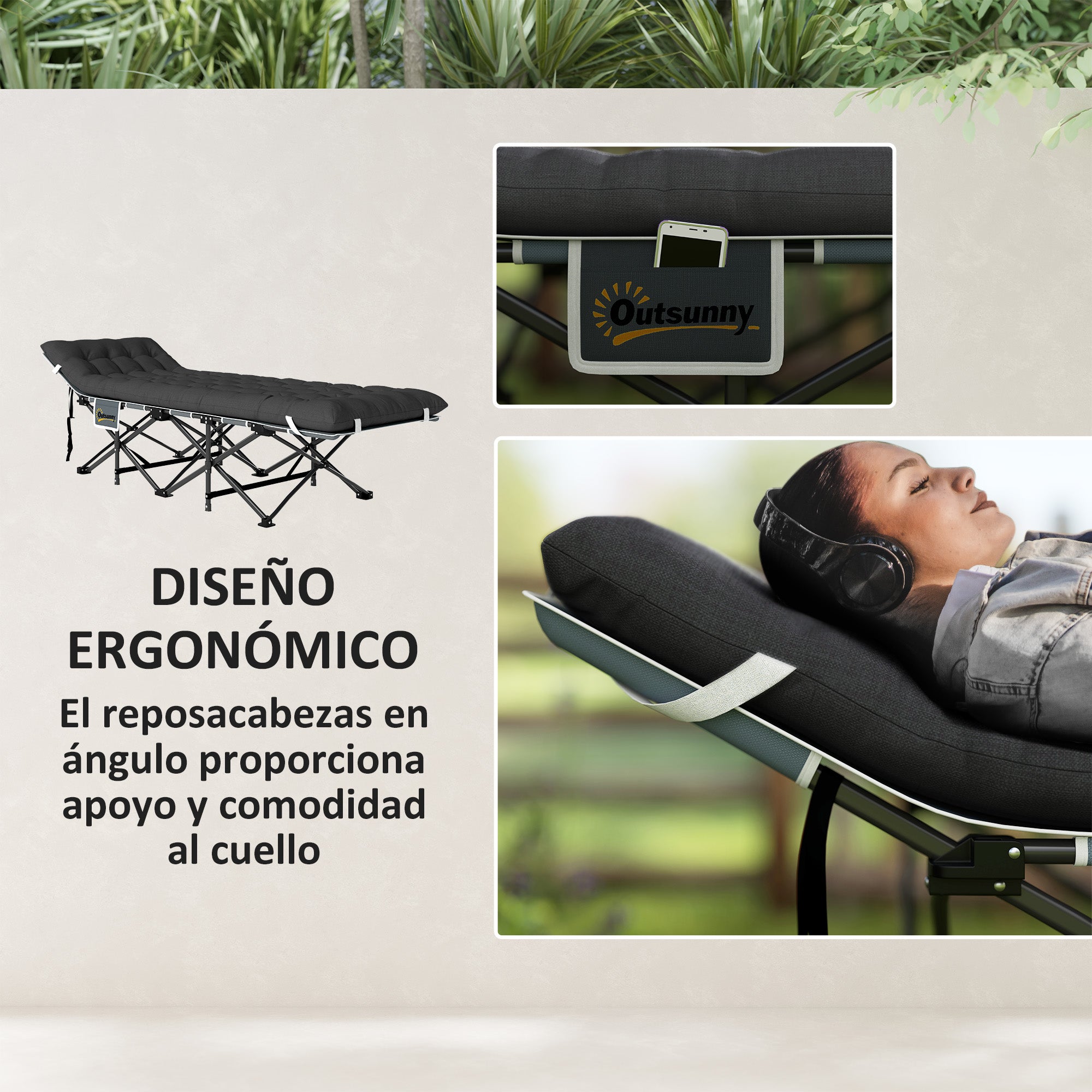 Folding Camping Bed Portable Camping Cot Lounger with Headrest Removable Mattress and Carrying Bag Load 150 kg for Beach Hiking 196x68x37 cm Black