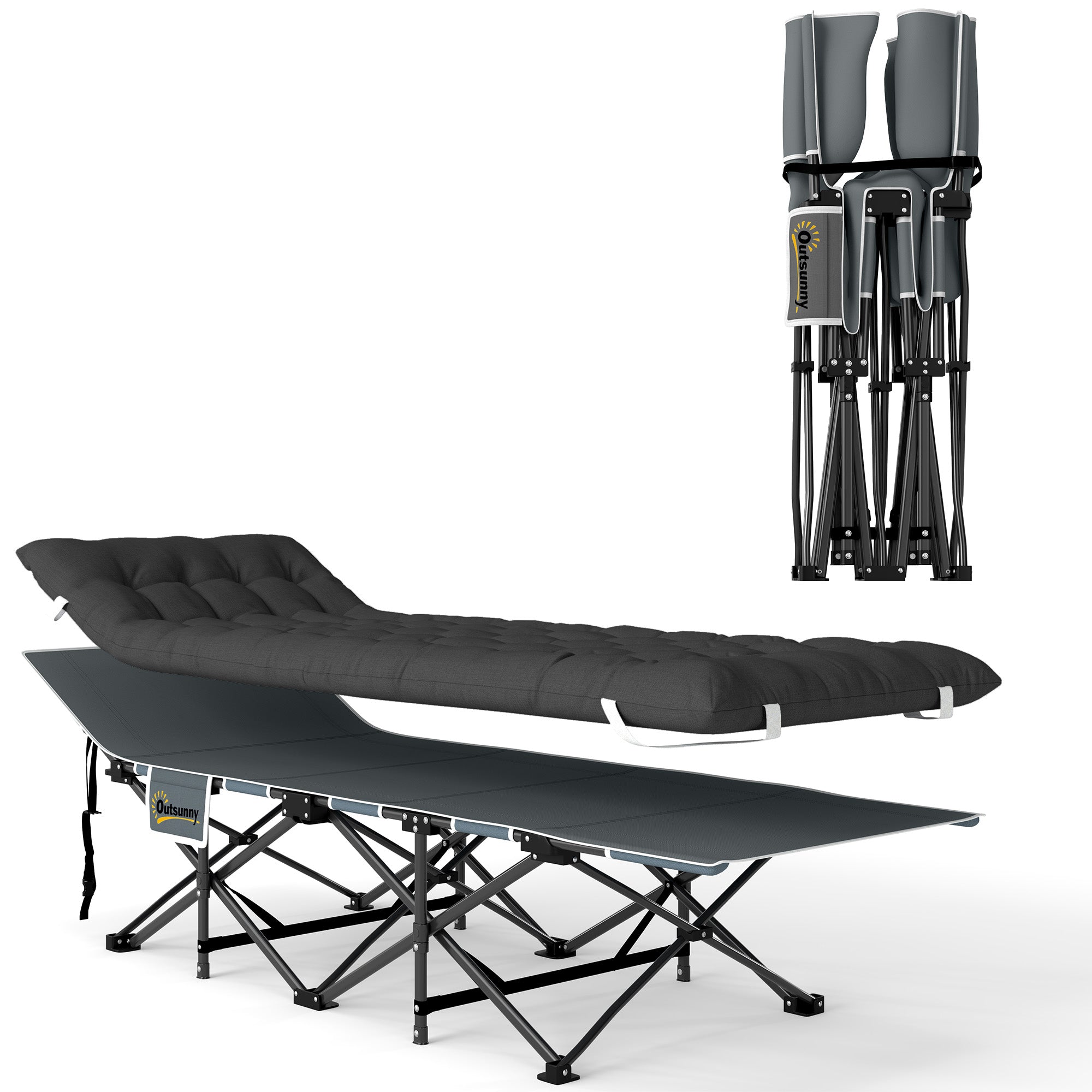 Folding Camping Bed Portable Camping Cot Lounger with Headrest Removable Mattress and Carrying Bag Load 150 kg for Beach Hiking 196x68x37 cm Black