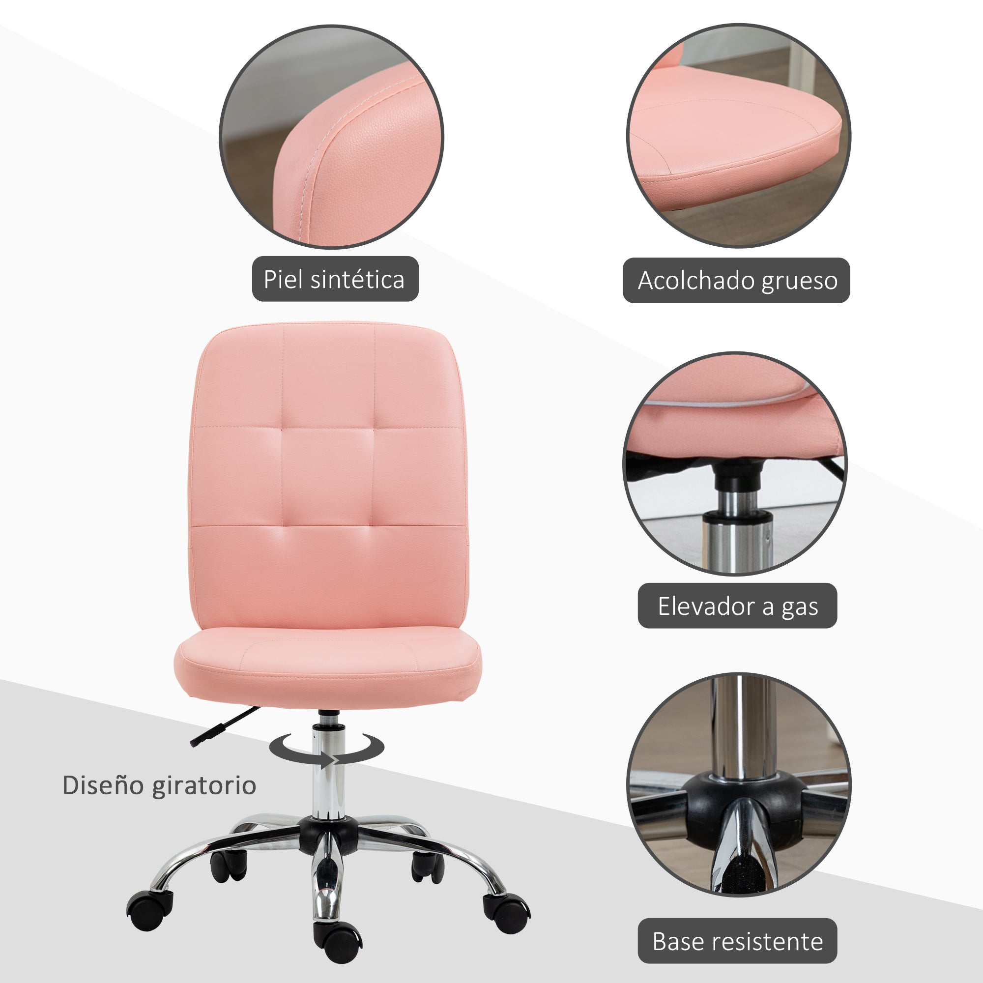Armless Office Chair Swivel Desk Chair with Height Adjustable Modern Style Load 120 kg 45x59x90-100 cm Pink