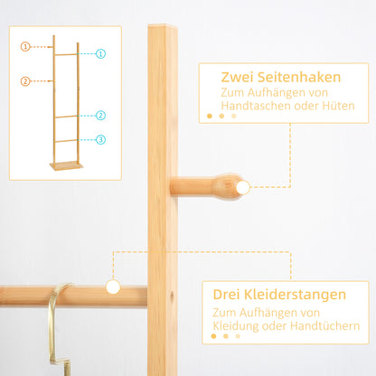 Coat Stand, Clothes Rail with 2 Hooks, 3 Bars, Rack for Hats, Clothing, for Entryway, Hallway, 36 x 24 x 168 cm, Bamboo, Natural