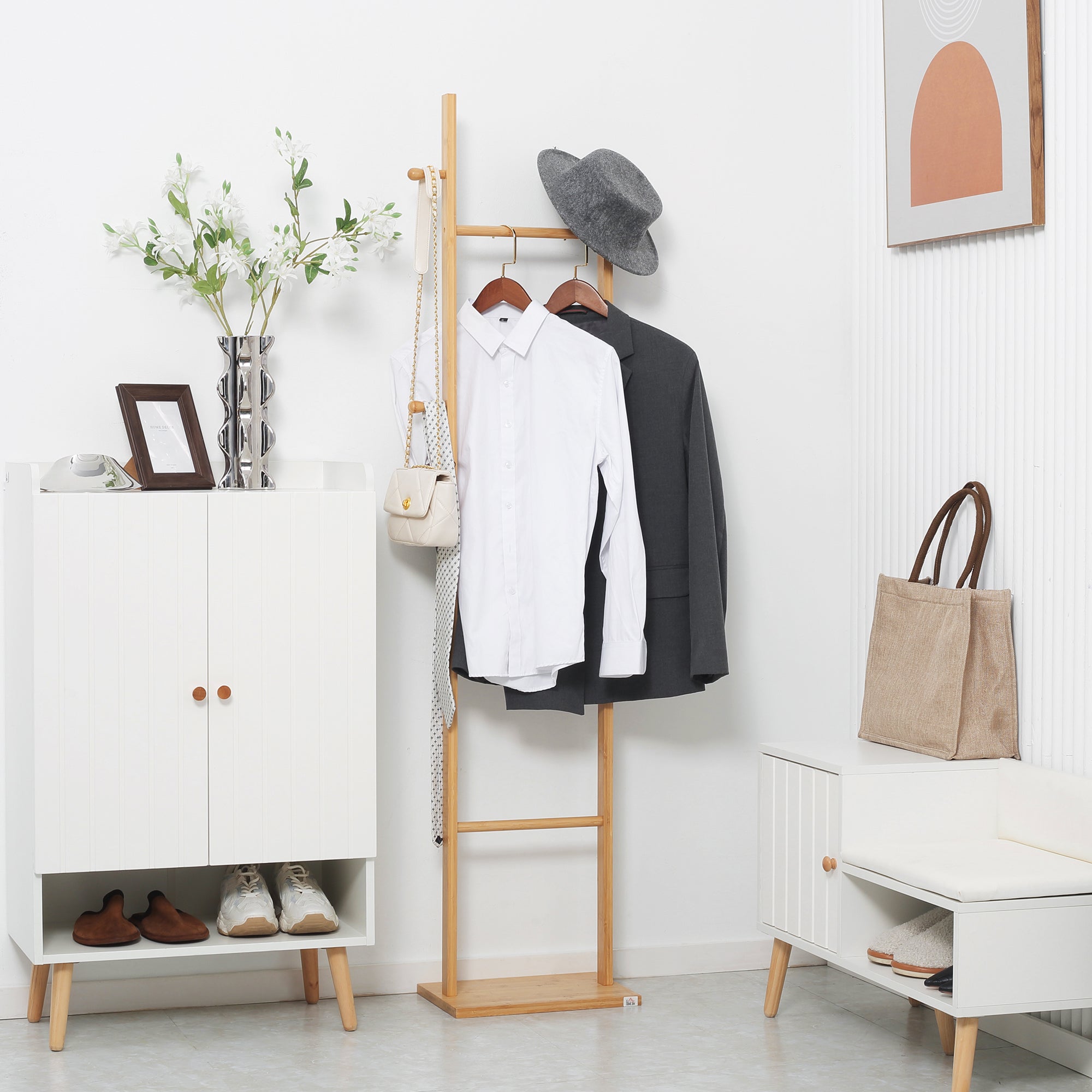 Coat Stand, Clothes Rail with 2 Hooks, 3 Bars, Rack for Hats, Clothing, for Entryway, Hallway, 36 x 24 x 168 cm, Bamboo, Natural