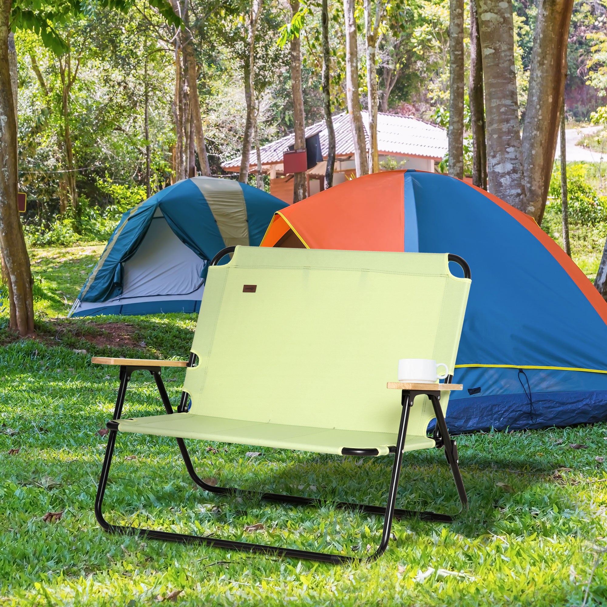 Folding Chair 2-Seater Foldable Camping Chair with Armrests Drink Holder Outdoor Foldable Chair up to 160 kg Load Capacity Sturdy Fishing Chair Garden Chair for Garden Camping Beach