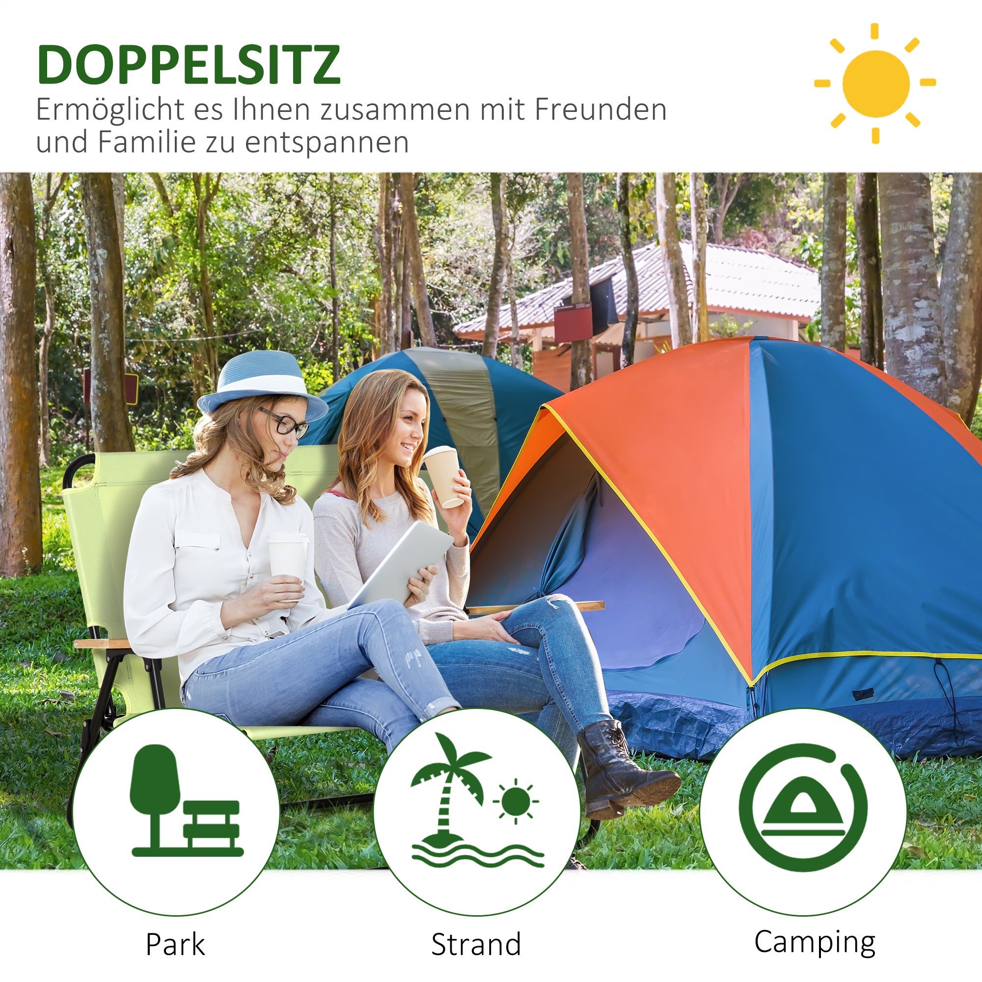 Folding Chair 2-Seater Foldable Camping Chair with Armrests Drink Holder Outdoor Foldable Chair up to 160 kg Load Capacity Sturdy Fishing Chair Garden Chair for Garden Camping Beach