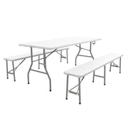 3-Piece Beer Tent Set Folding Beer Table, 2 Beer Benches, Garden Furniture Set for 6 People, Camping Equipment, Garden Party, HDPE, White
