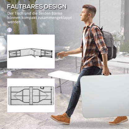 3-Piece Beer Tent Set Folding Beer Table, 2 Beer Benches, Garden Furniture Set for 6 People, Camping Equipment, Garden Party, HDPE, White