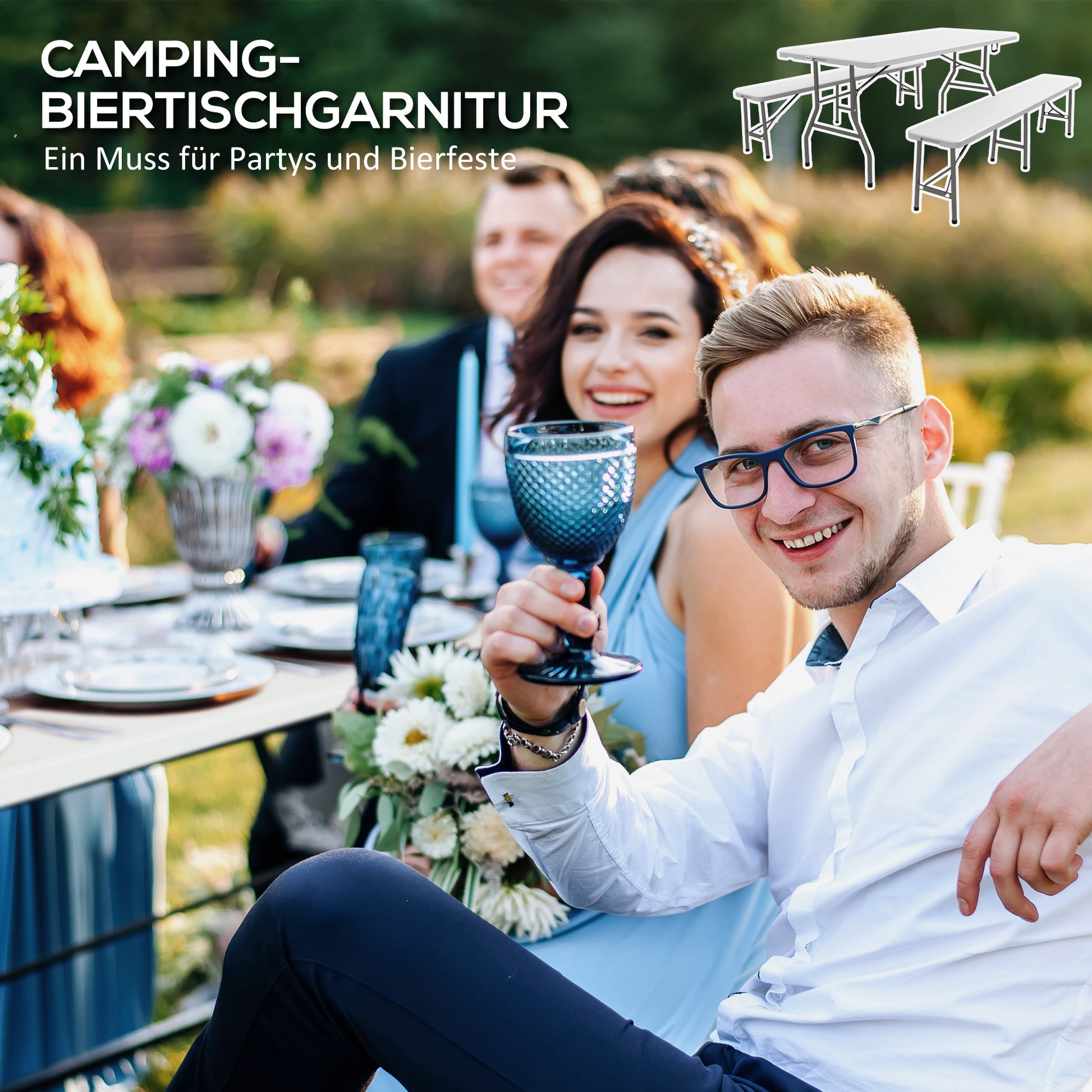 3-Piece Beer Tent Set Folding Beer Table, 2 Beer Benches, Garden Furniture Set for 6 People, Camping Equipment, Garden Party, HDPE, White