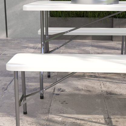 3-Piece Beer Tent Set Folding Beer Table, 2 Beer Benches, Garden Furniture Set for 6 People, Camping Equipment, Garden Party, HDPE, White