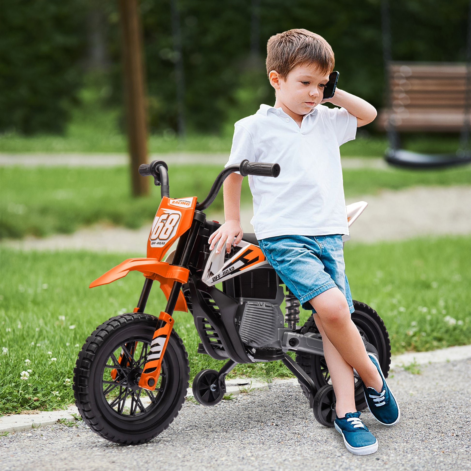 Kids Electric Motorcycle, 12V Children's Bike with Music, Children's Vehicle with Removable Training Wheels, 2.4-5 km/h, for 3-6 years old kids, max. 30 kg, Orange