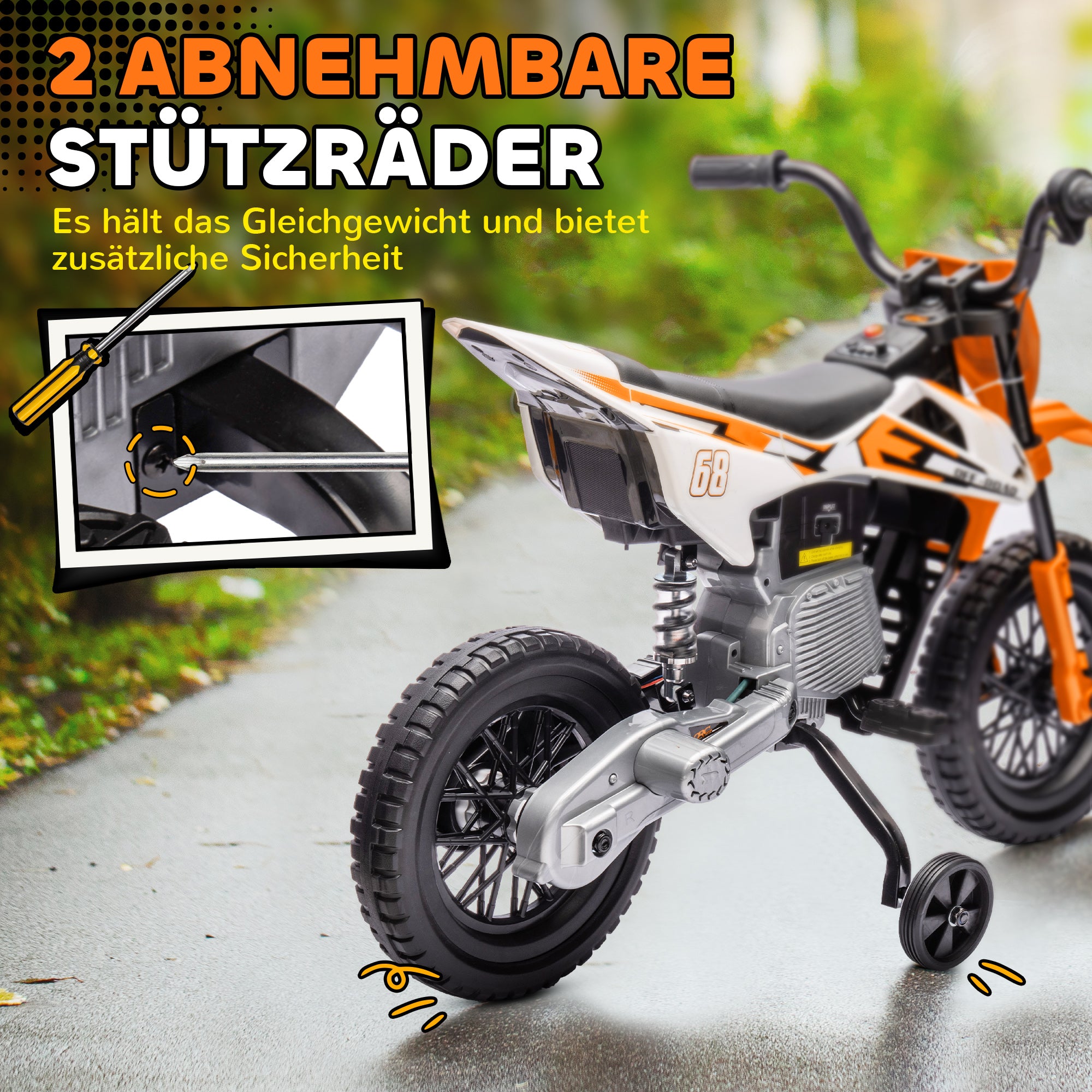 Kids Electric Motorcycle, 12V Children's Bike with Music, Children's Vehicle with Removable Training Wheels, 2.4-5 km/h, for 3-6 years old kids, max. 30 kg, Orange