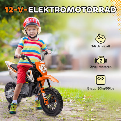Kids Electric Motorcycle, 12V Children's Bike with Music, Children's Vehicle with Removable Training Wheels, 2.4-5 km/h, for 3-6 years old kids, max. 30 kg, Orange