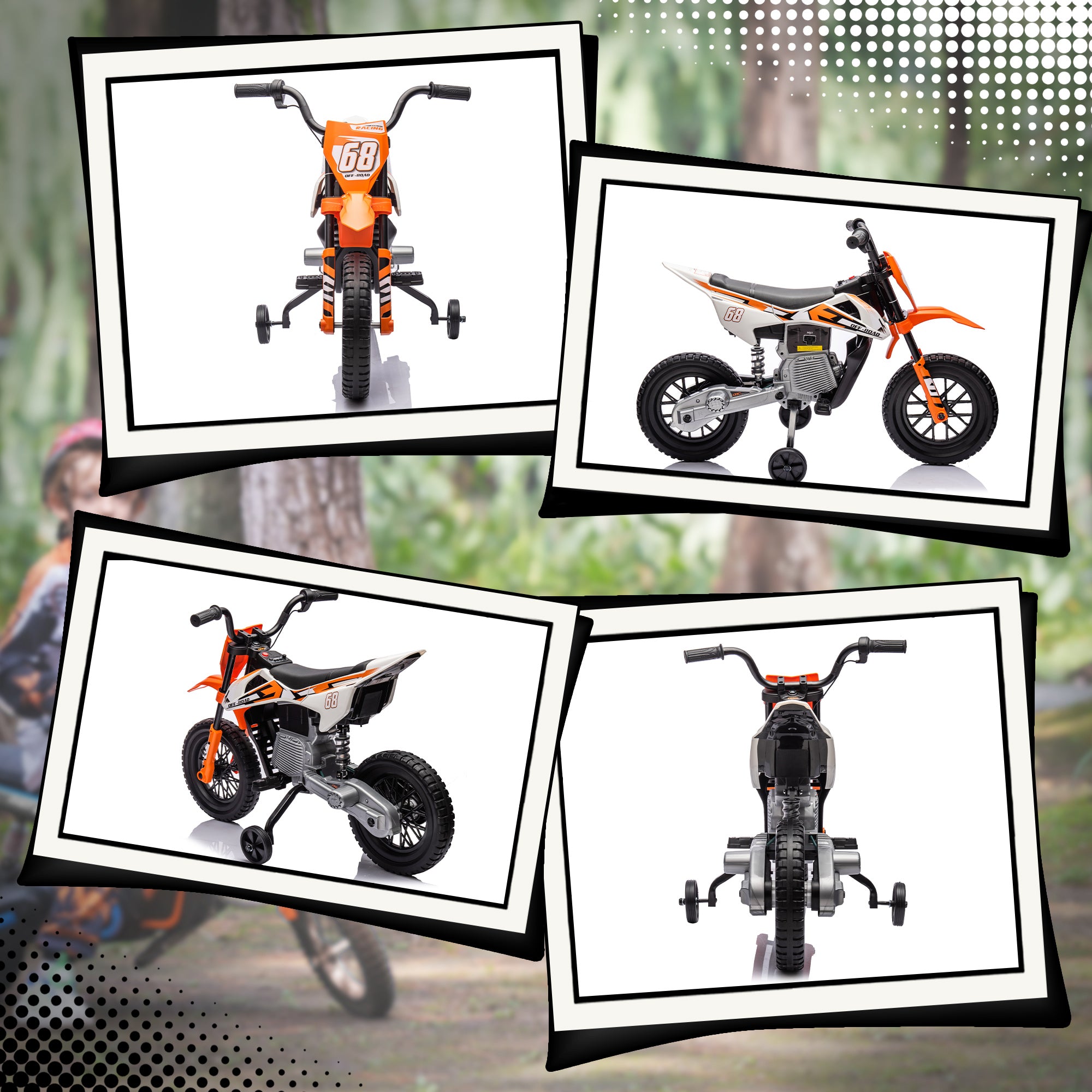 Kids Electric Motorcycle, 12V Children's Bike with Music, Children's Vehicle with Removable Training Wheels, 2.4-5 km/h, for 3-6 years old kids, max. 30 kg, Orange