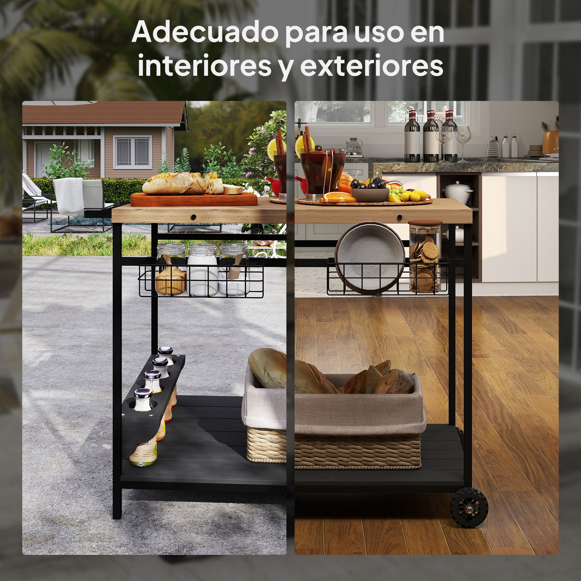Wood Rolling Serving Cart with 2 Shelves 2 Metal Baskets and Wine Holders for Garden Patio 97.5x65x81 cm Natural and Black