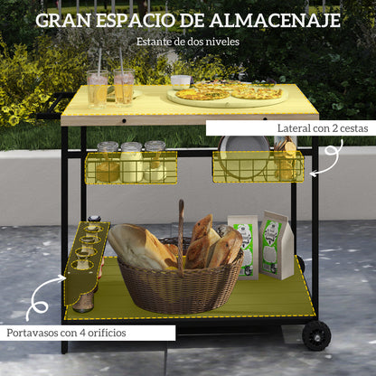 Wood Rolling Serving Cart with 2 Shelves 2 Metal Baskets and Wine Holders for Garden Patio 97.5x65x81 cm Natural and Black