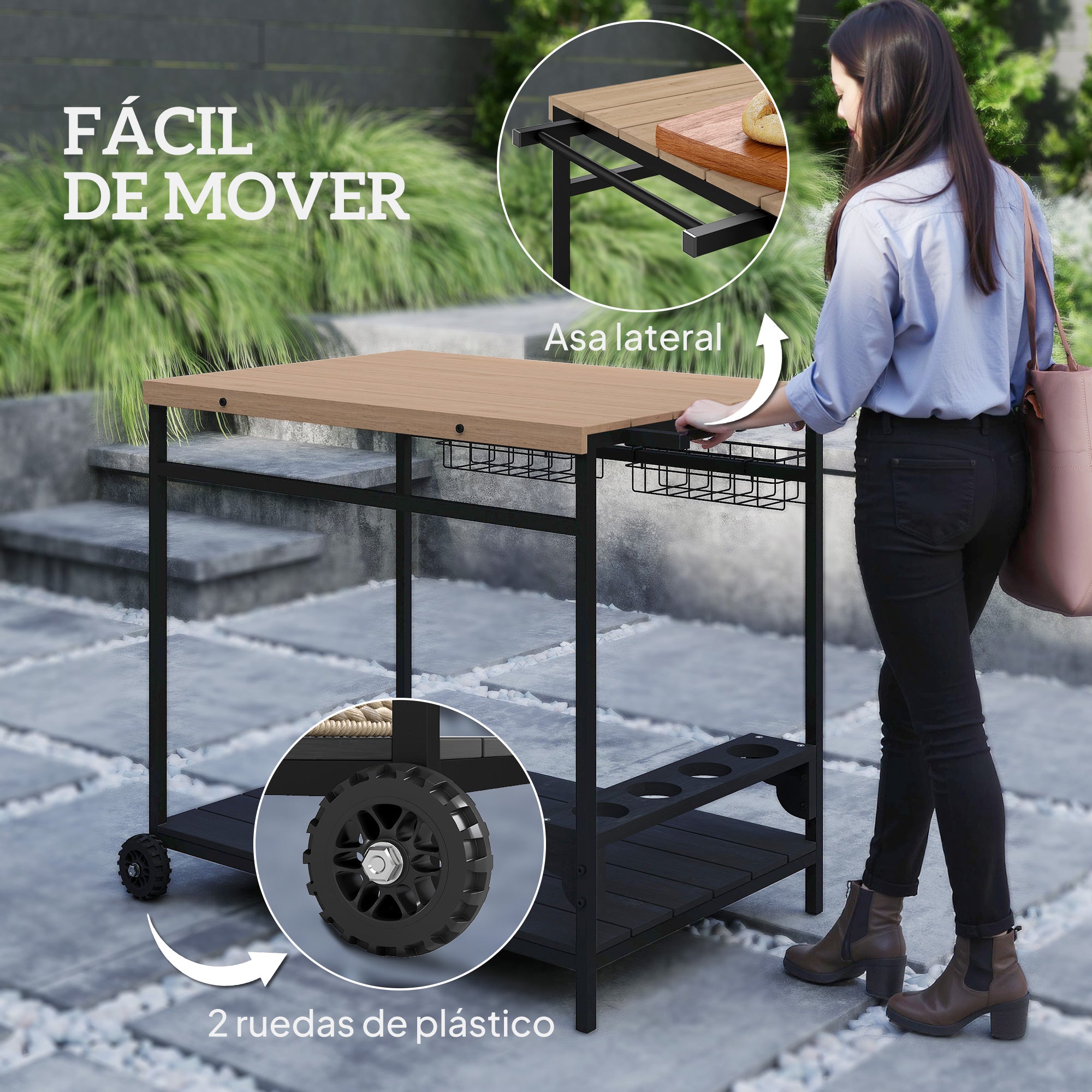 Wood Rolling Serving Cart with 2 Shelves 2 Metal Baskets and Wine Holders for Garden Patio 97.5x65x81 cm Natural and Black