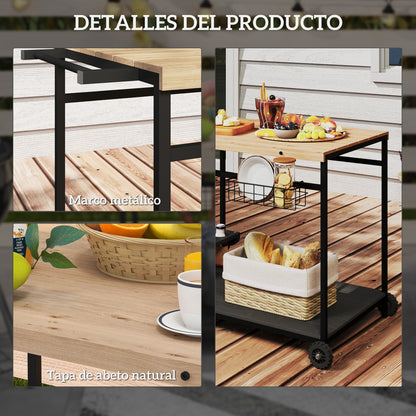 Wood Rolling Serving Cart with 2 Shelves 2 Metal Baskets and Wine Holders for Garden Patio 97.5x65x81 cm Natural and Black