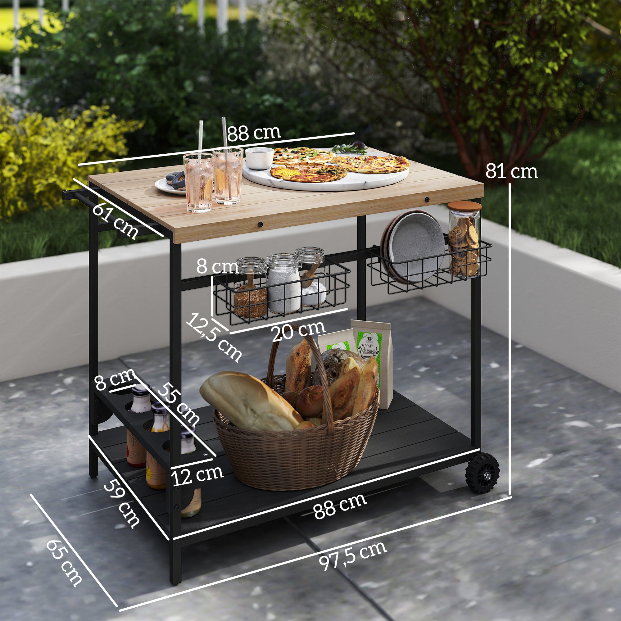 Wood Rolling Serving Cart with 2 Shelves 2 Metal Baskets and Wine Holders for Garden Patio 97.5x65x81 cm Natural and Black