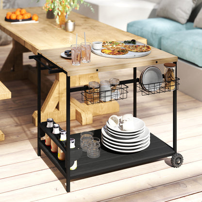 Wood Rolling Serving Cart with 2 Shelves 2 Metal Baskets and Wine Holders for Garden Patio 97.5x65x81 cm Natural and Black