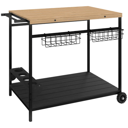 Wood Rolling Serving Cart with 2 Shelves 2 Metal Baskets and Wine Holders for Garden Patio 97.5x65x81 cm Natural and Black
