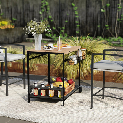 Wood Rolling Serving Cart with 2 Shelves 2 Metal Baskets and Wine Holders for Garden Patio 97.5x65x81 cm Natural and Black