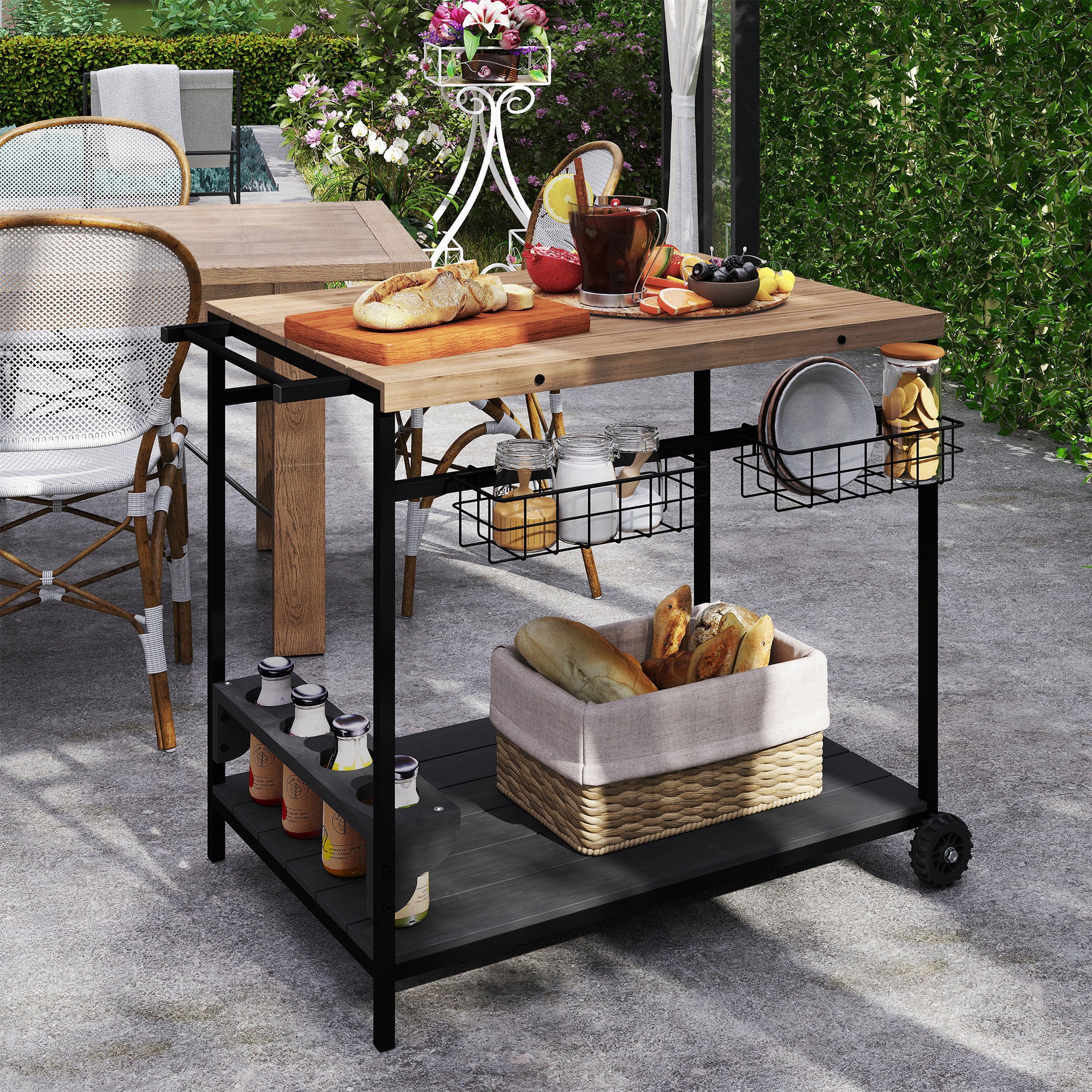 Wood Rolling Serving Cart with 2 Shelves 2 Metal Baskets and Wine Holders for Garden Patio 97.5x65x81 cm Natural and Black