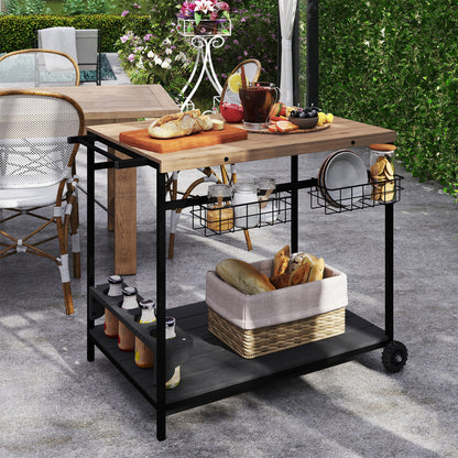 Wood Rolling Serving Cart with 2 Shelves 2 Metal Baskets and Wine Holders for Garden Patio 97.5x65x81 cm Natural and Black