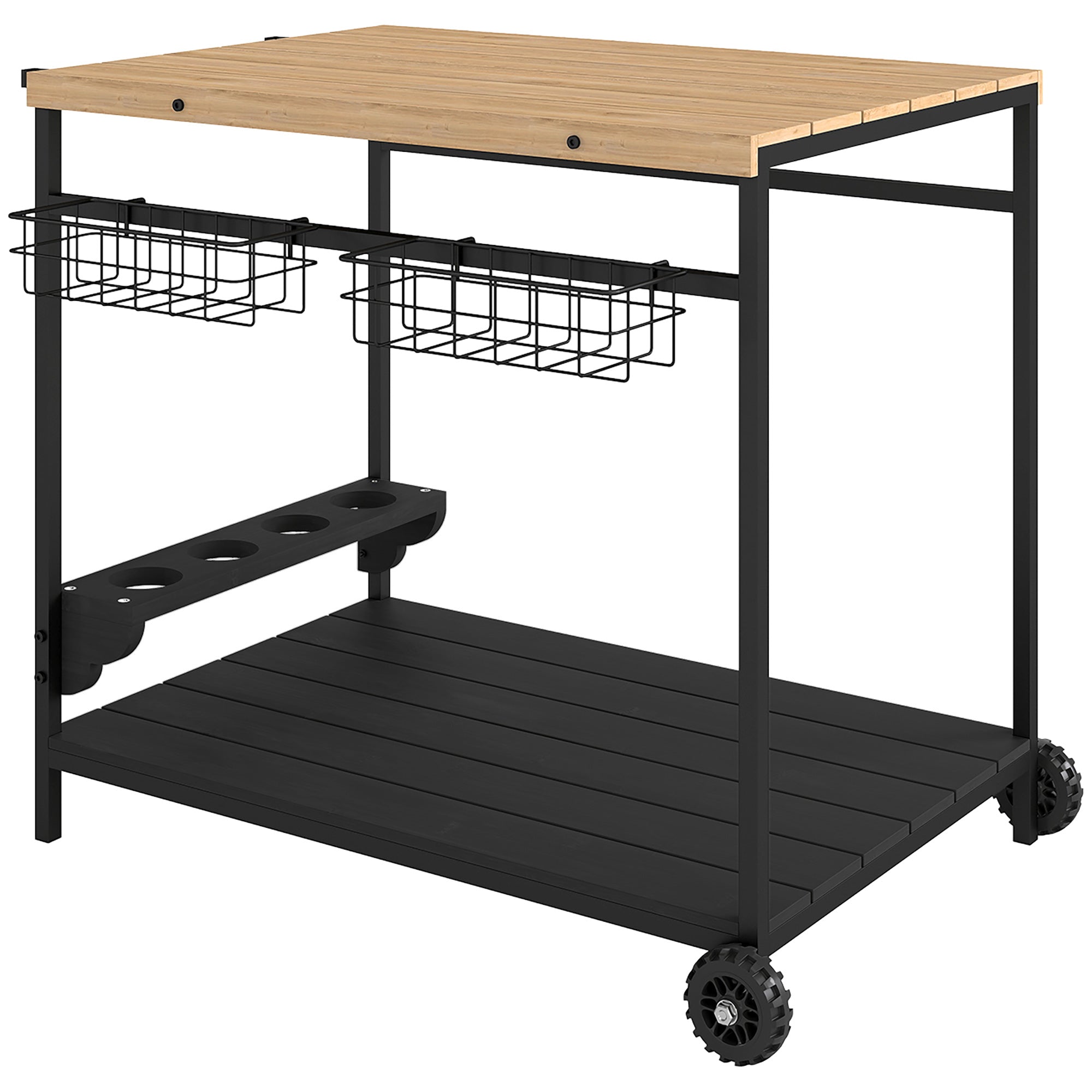 Wood Rolling Serving Cart with 2 Shelves 2 Metal Baskets and Wine Holders for Garden Patio 97.5x65x81 cm Natural and Black