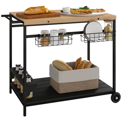 Wood Rolling Serving Cart with 2 Shelves 2 Metal Baskets and Wine Holders for Garden Patio 97.5x65x81 cm Natural and Black