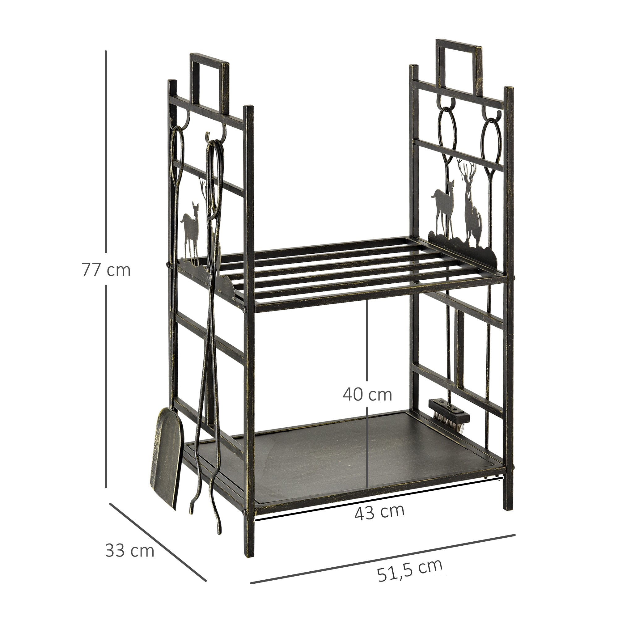 Firewood Stand with Fireplace Tool Set, Firewood Rack Log Storage Fireplace Tool Iron Black+Gold 51.5x33x77 cm